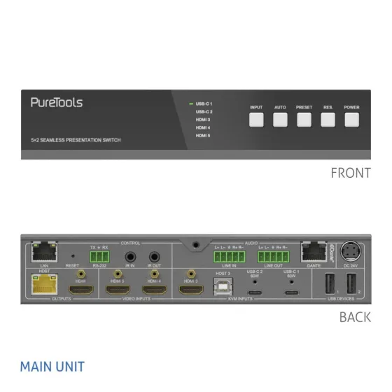 Commutateur Purelink KVM USB-C 18Gbps avec Dante et Multiview, 4K (60Hz 4:4:4) via USBC / HDMI+USB