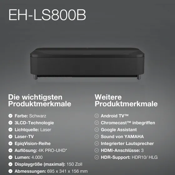 Epson EH-LS800B Vidéoprojecteur, 3840 x 2160 4K UHD, 4000 Lumen
