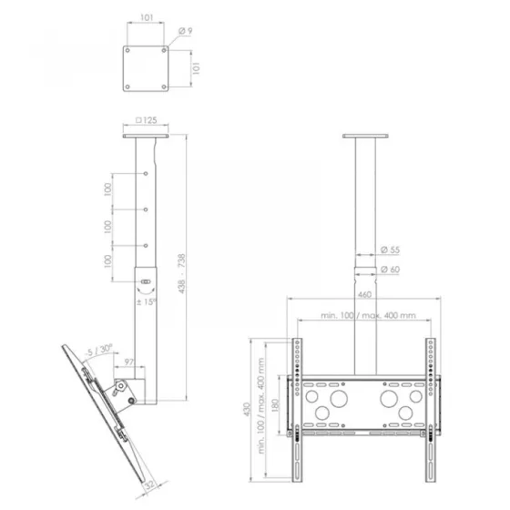 Hagor HA DH 400 - 700 S - Support plafond pour écran simple - 32-50" | max. VESA 400x400 | longueur 400 - 700mm