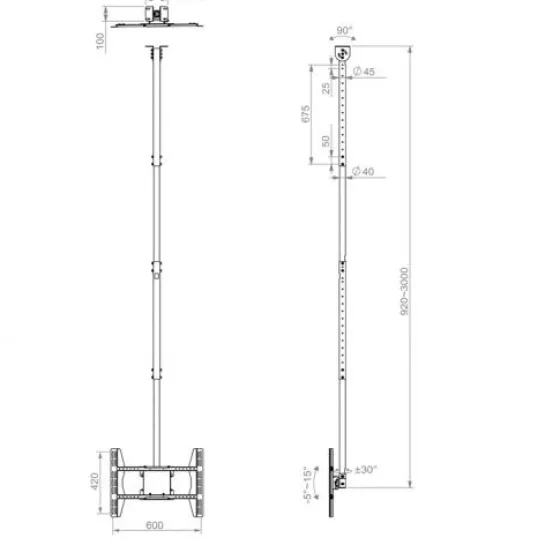 Hagor PLD Support de plafond simple 49 - 65" | 124 - 165 cm diagonale d'écran, VESA max.600x600