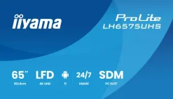 iiyama ProLite LH6575UHS-B2AG écran d'affichage numérique 4K de 65 pouces avec disponibilité 24 heures sur 24, 7 jours sur 7, système d'exploitation Android, fonction de basculement en cas de défaillance du signal et emplacement pour carte Intel® SDM