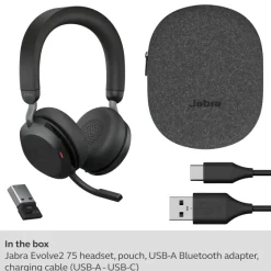 Jabra Evolve2 75 : Micro-casque stéréo sans fil pour UC, Bluetooth, USB-A, noir