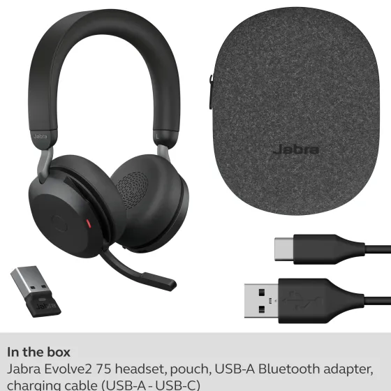 Jabra Evolve2 75 : Micro-casque stéréo sans fil pour UC, Bluetooth, USB-A, noir