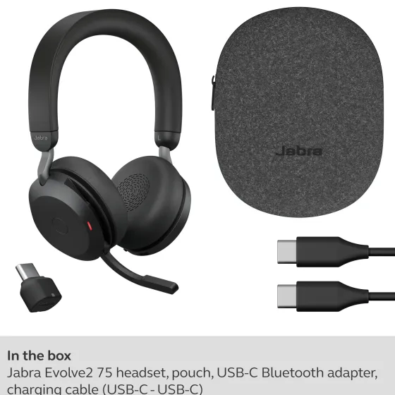 Jabra Evolve2 75 - Micro-casque stéréo sans fil pour MS, Bluetooth, USB-C, noir