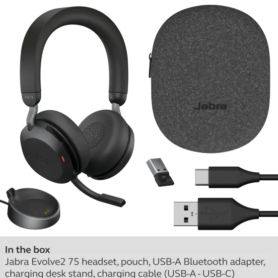 Jabra Evolve2 75 - Micro-casque stéréo sans fil pour MS avec base, Bluetooth, USB-A, noir