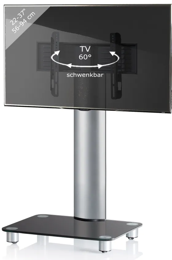 Support mobile TV VCM "Bilano" argent, verre noir, roulettes incluses