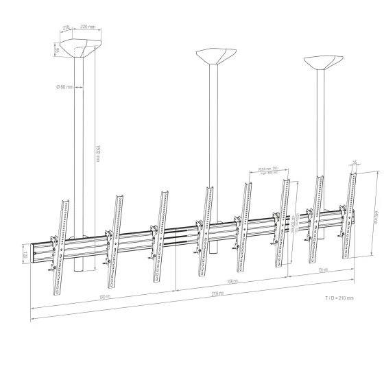 Support plafond Hagor comPROnents® Menuboard pour 4 Displays - 46"-65" (Portrait, inclinable)