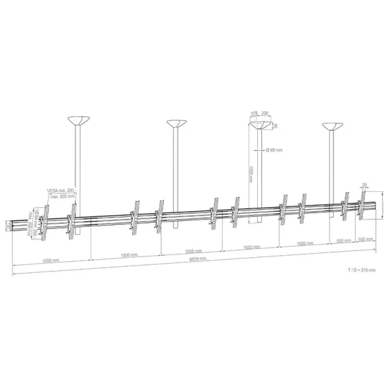 Support plafond Hagor comPROnents® Menuboard pour 5 Displays - 46"-65" (Paysage, inclinable)
