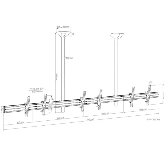 Support plafond Hagor comPROnents® Menuboard pour 3 Displays - 46"-65" (Paysage, inclinable)